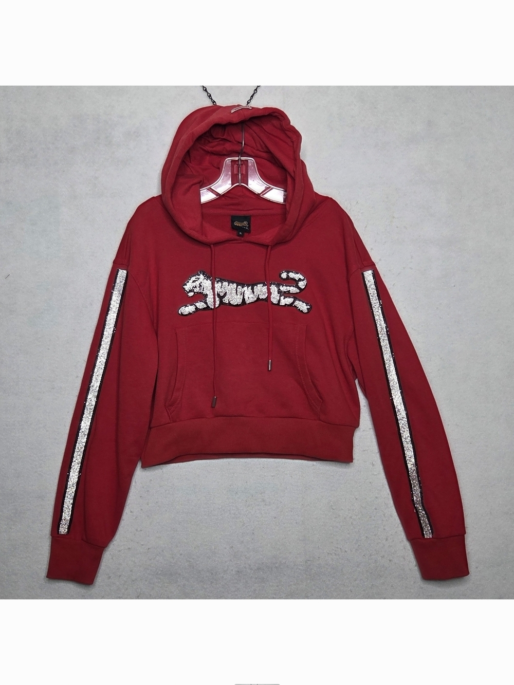 Le Tigre Crop Hoodie XL Bejeweled Tiger Logo Bling Red Y2K Modern Streetwear